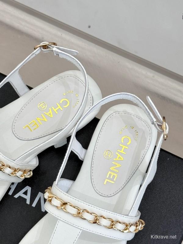 2025 Slippers Chanel White Leather Chain Strap CC Logo