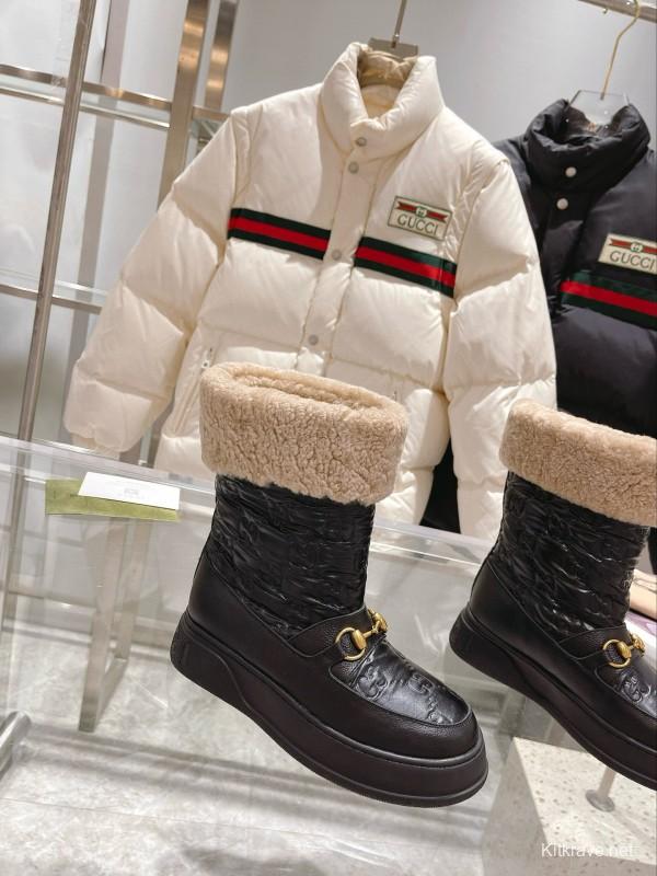2024 Women Gucci Black Sheepskin Snow Boots Metallic Hardware MJ00420