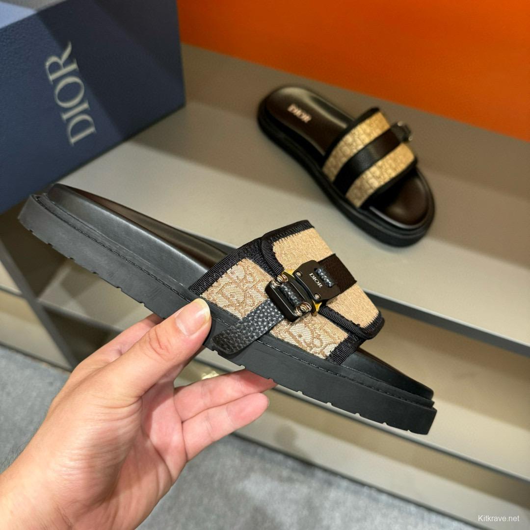 2024 Slippers Dior Beige Black Leather Canvas Slippers