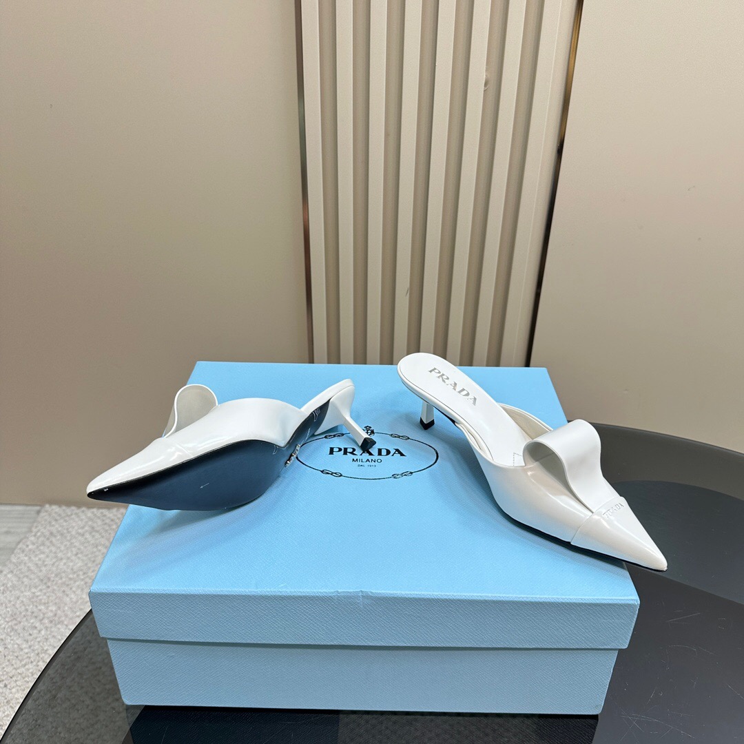 2025 Women Prada White Leather High Heel Mules