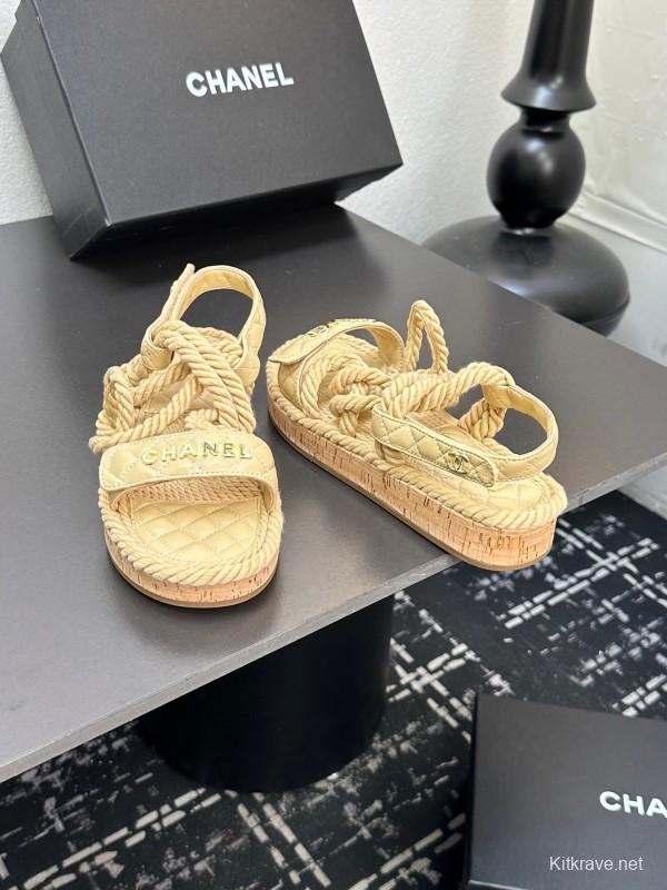 2025 Women Chanel Beige Rope Leather Slingback Sandals