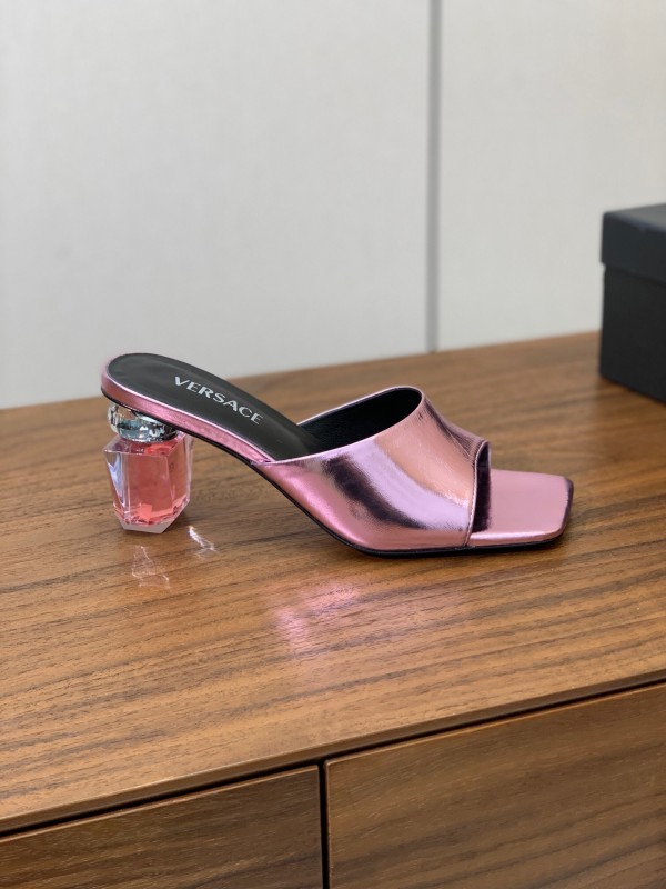 2025 Women VERSACE Pink Leather Slippers