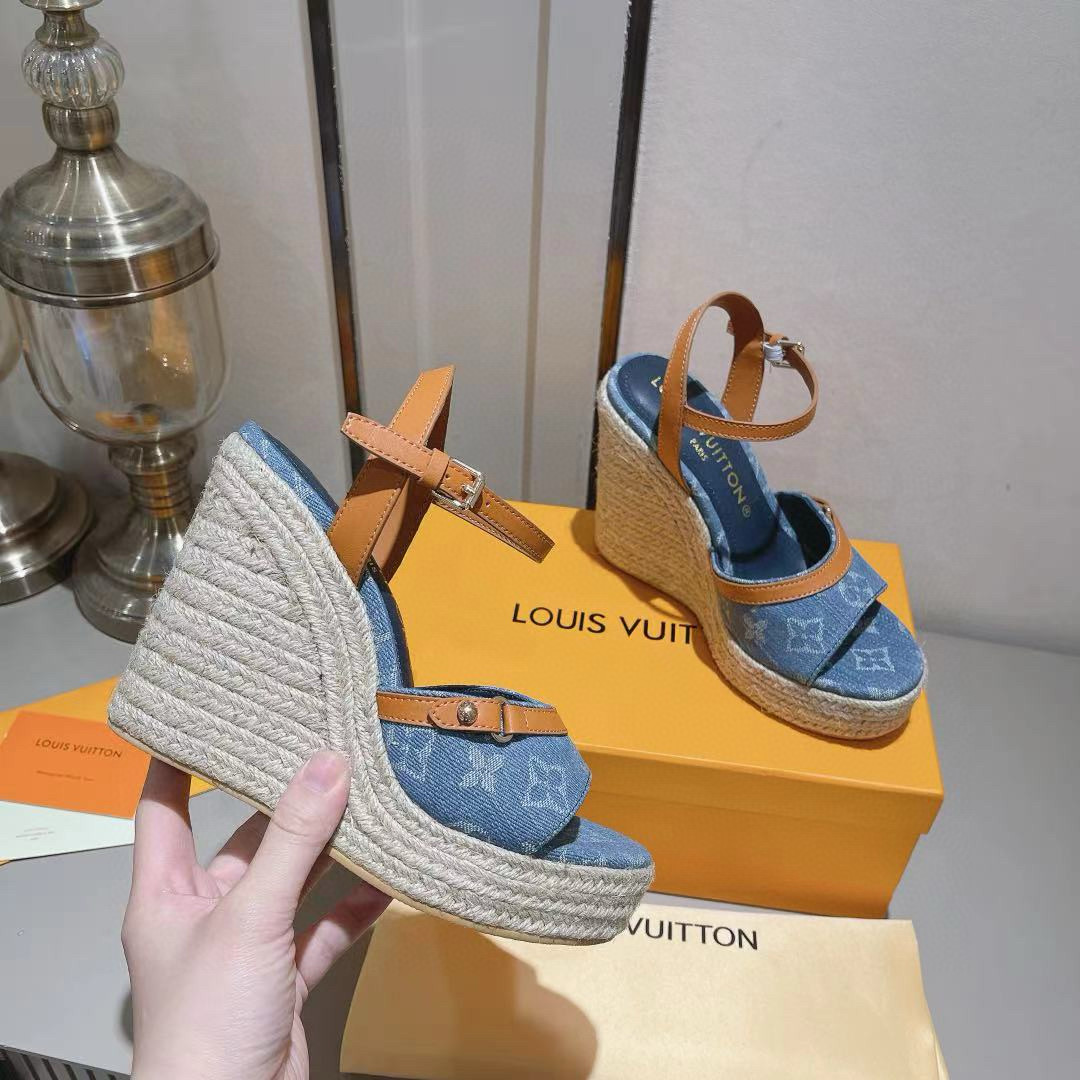 2025 Women Louis Vuitton Blue Denim Leather Espadrilles Sandals MJ00280
