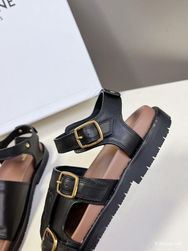 2025 Women Celine Black Leather Sandals Buckle KFY00280