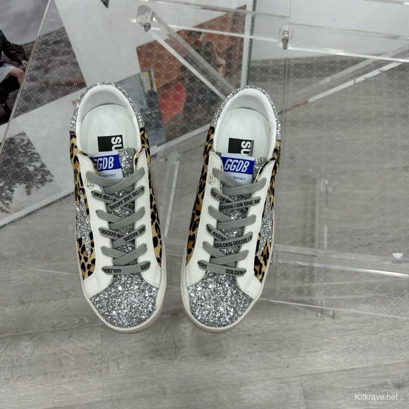 2025 Women GGDB Leopard Silver Glitter Leather Suede Sneakers