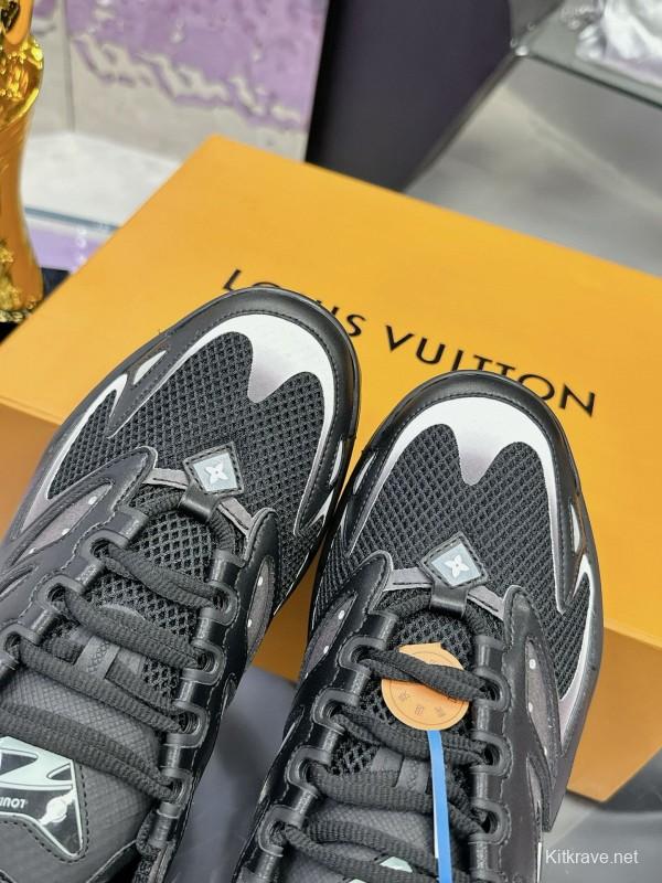 2025 Men Louis Vuitton Black Grey Mesh Leather Sneakers MJ00420