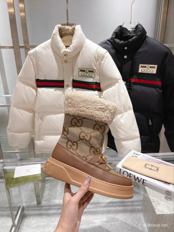 2024 Women Gucci brown leather sheep wool snow boots MJ00420