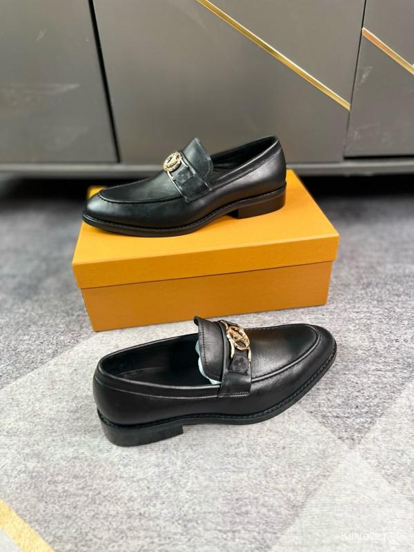 2024 Men Louis Vuitton Black Leather Leather Formal Slip-On LO001