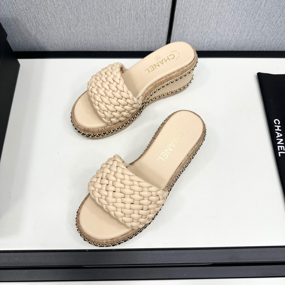 2025 Women Chanel Beige Leather Wedge Sandals