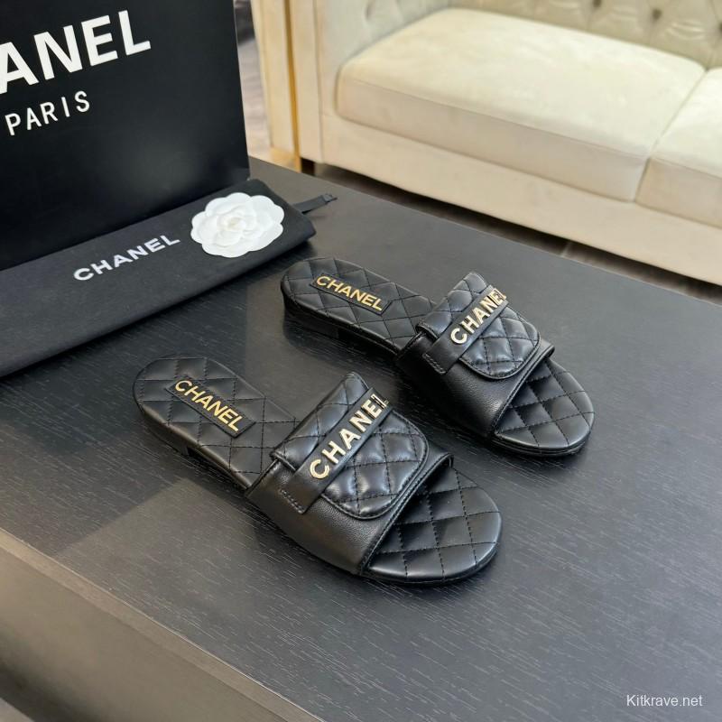 2025 Slippers Women Chanel Black Leather Slippers