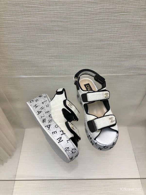 2025 Women Chanel White Black Leather Sandals Platform LY00330