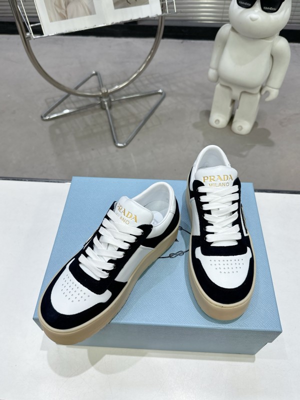 2025 Women Prada Black White Leather Suede Sneakers Downtown Bold KFY00310