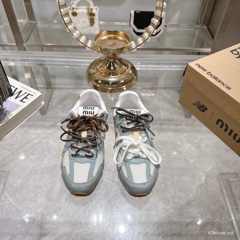 2025 Women Miumiu Light Blue White Leather Mesh Sneakers