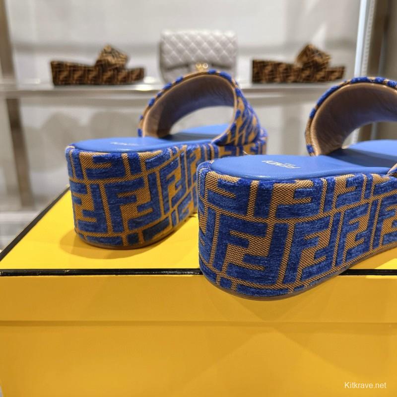 2025 Fendi Blue Brown Canvas Slippers