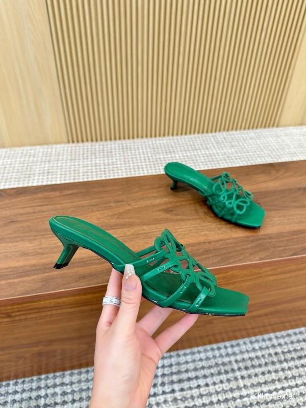 2025 Women Loewe Green Leather Heeled Sandals LY00250