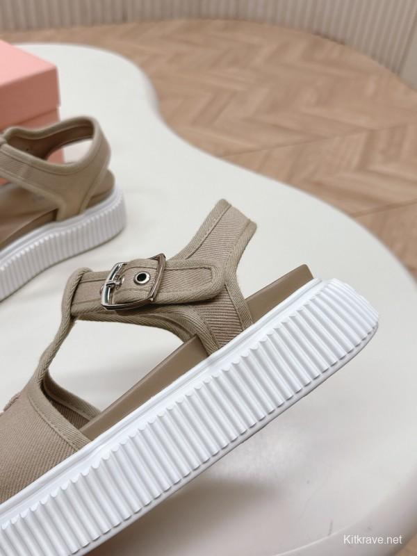 2025 Women Miu Miu Beige Canvas Sandals Buckle LY00360