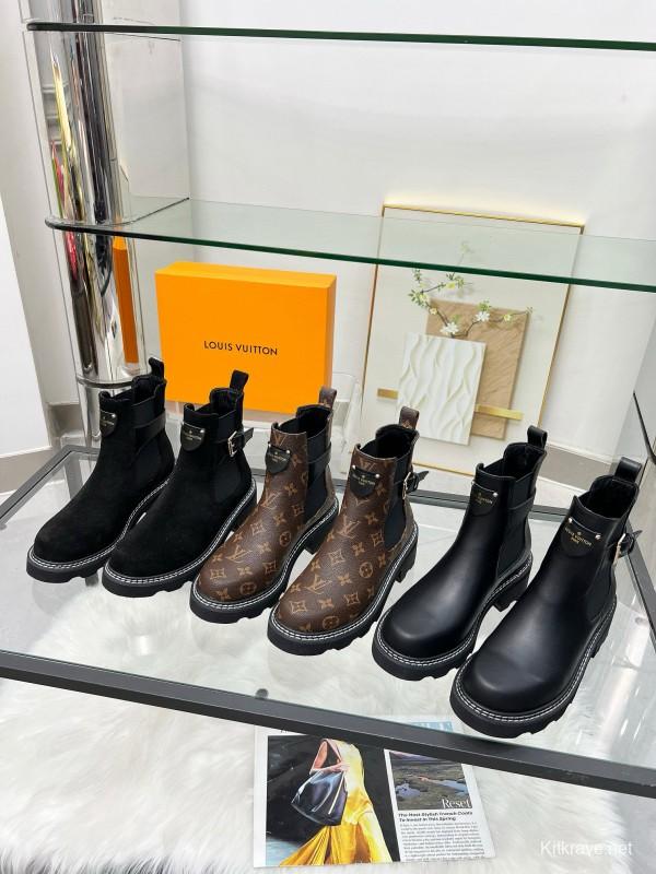 2024 Women Louis Vuitton Black Suede Leather Ankle Boots MJ00310