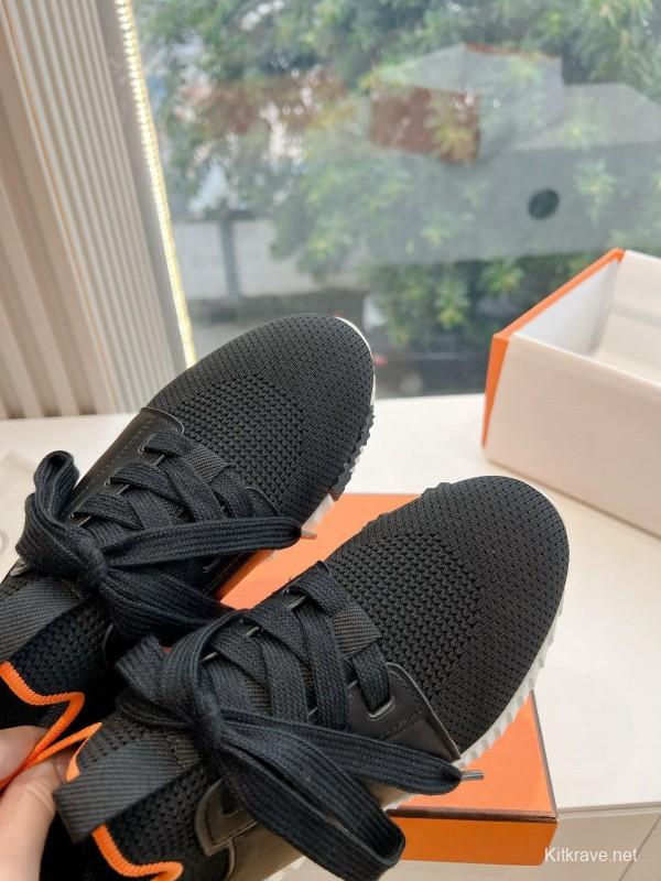 2024 Unisex Hermès Black Orange Knit Sneakers