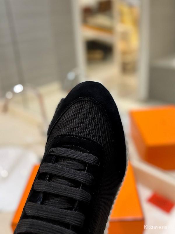2024 Unisex Hermès Black Imported Silk Glazed Calf Suede Synthetic Fabric Sneakers MJ00320