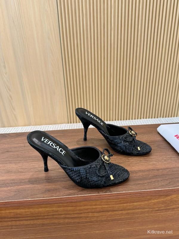 2025 Women VERSACE Black Leather Mule Heels LY00250