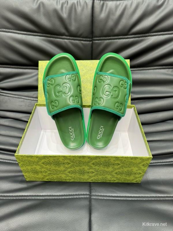 2024 Gucci Green Leather Slippers MJ00200