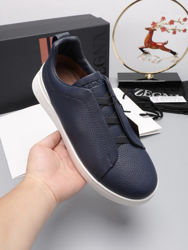 2024 Men Ermenegildo Zegna Navy Leather Low Top Sneakers MJ00240