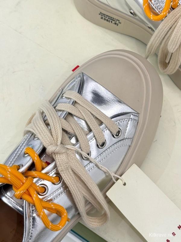 2025 Women Marni Silver Leather Thick Sole Retro Style Platform Sneakers LY00360(F)
