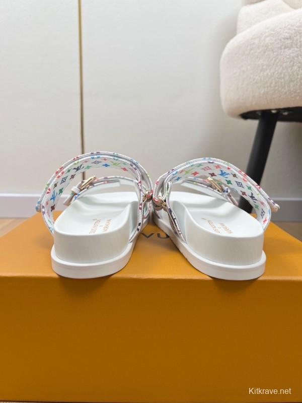 2025 Women Louis Vuitton White Multicolor Canvas Slippers KFY00280