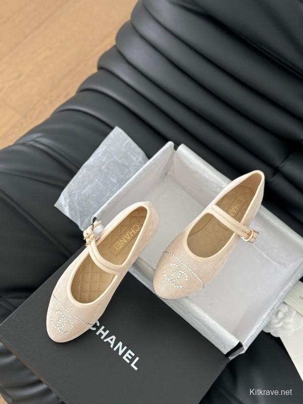 2025 Women Chanel Beige Fabric Mary Jane Embroidery LY00280