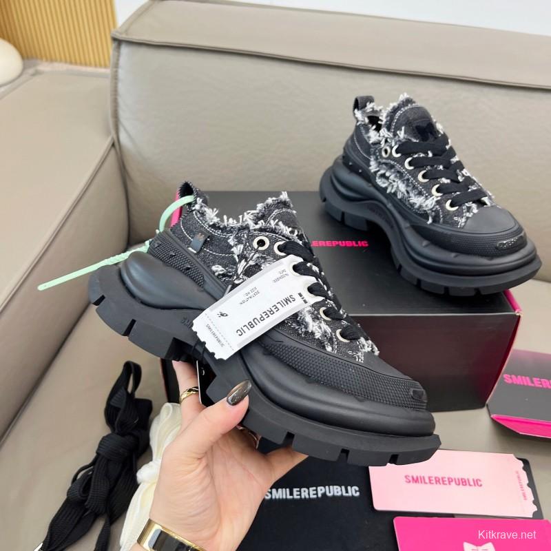 2025 Women SmileRepublic Black Tweed Leather Canvas Chunky Sneakers LY00291