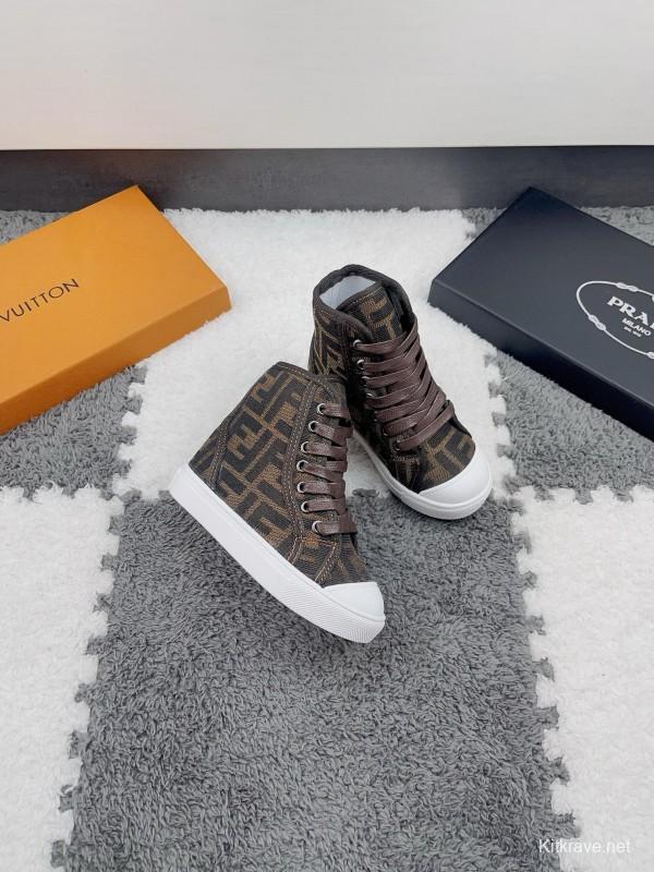 2024 Kids Fendi Brown Black Canvas High Top Sneakers