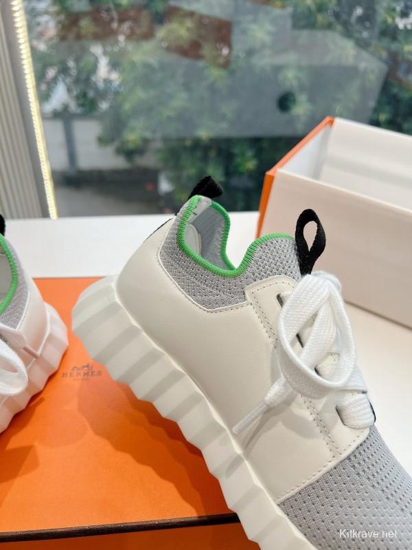 2024 Unisex Hermès White Green Calfskin Suede Sneakers MJ00290