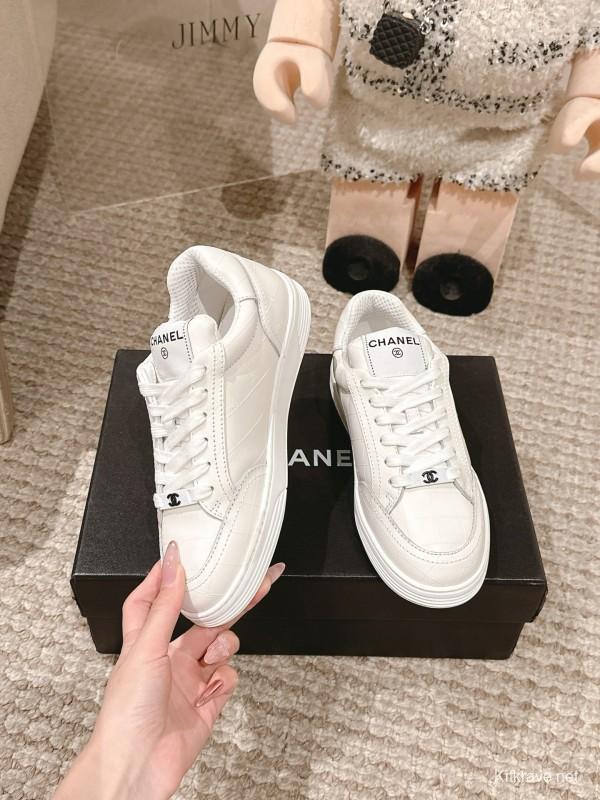 2025 Women Chanel White Leather Sneakers
