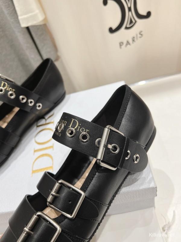 2025 Women Dior Black Leather Mary Jane Buckle KFY00300