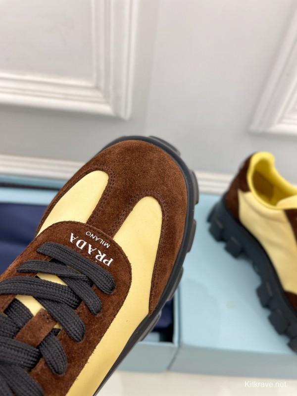 2025 Unisex Prada Yellow Brown Suede Silk Sneakers KFY00310(F)/KFY00330(M)