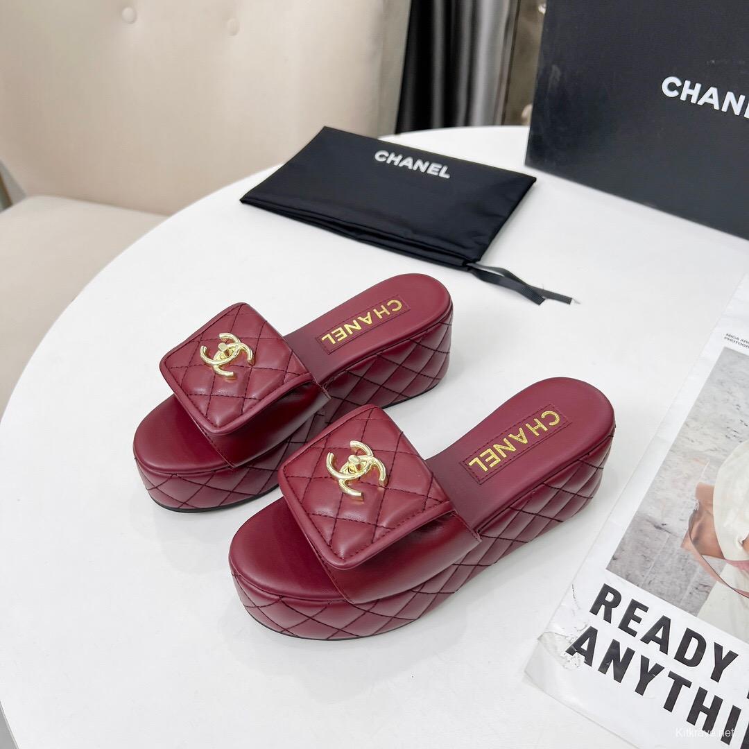 2025 Women Chanel Burgundy Leather Platform Sandals