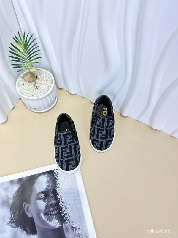 2024 Kids Fendi Black Brown Canvas Slip-On Shoes