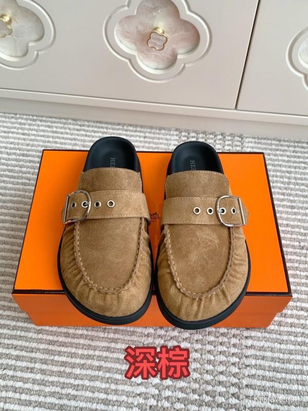 2025 Women Hermès Deep Brown Suede Mule Buckle KFY00290