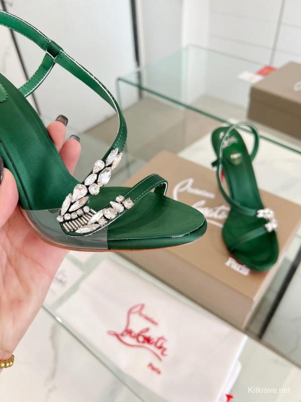 2025 Women Christian Louboutin Green Silk High Heel Crystal Sandal LY00300