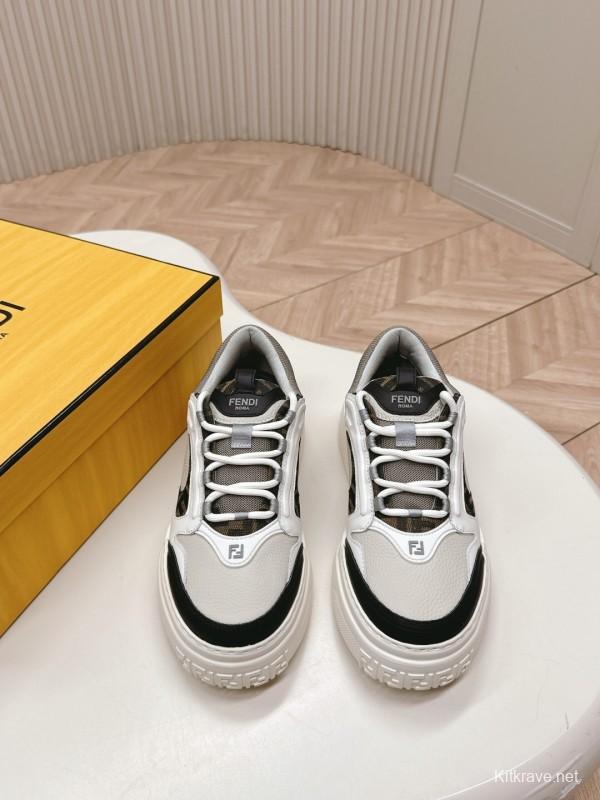 2025 Women Fendi White Black Grey Leather Mesh Sneakers