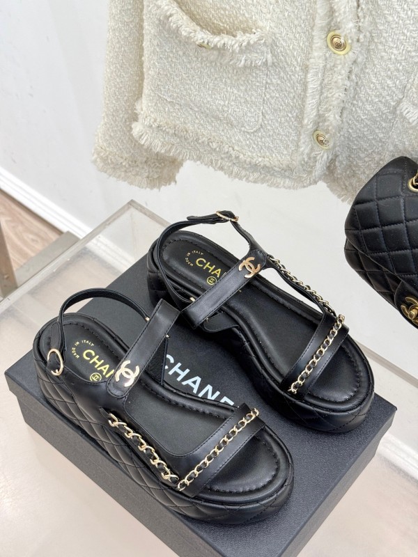 2025 Women Chanel Black Lambskin Platform Sandals Chain KFY00270
