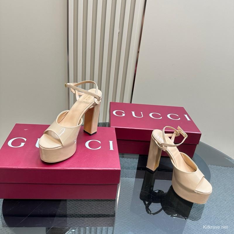 2025 Women Gucci Beige Patent Leather Platform Sandals MJ00340