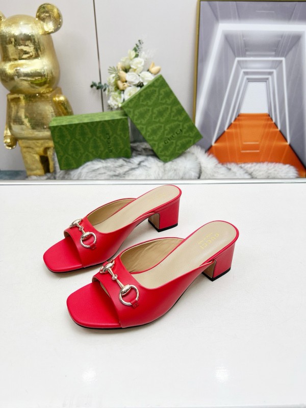 2025 Women Gucci Red Leather Heeled Mules Metal Ornament