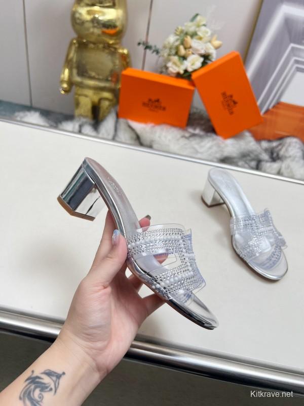 2025 Slippers Hermès Silver Leather Slippers MJ00180/215