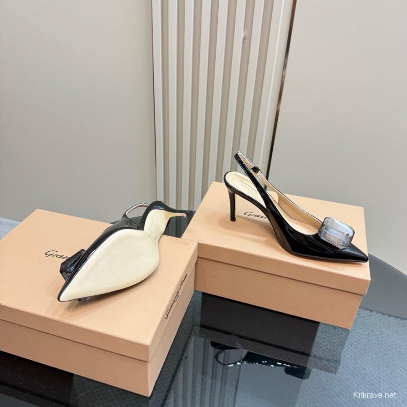 2025 Women Gianvito Rossi Black Patent Leather Slingback Heels KFY00300
