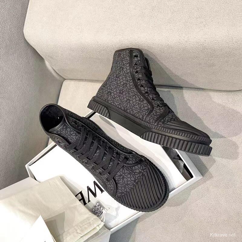 2025 Women Loewe Black Fabric Leather High-Top Sneakers LY00291