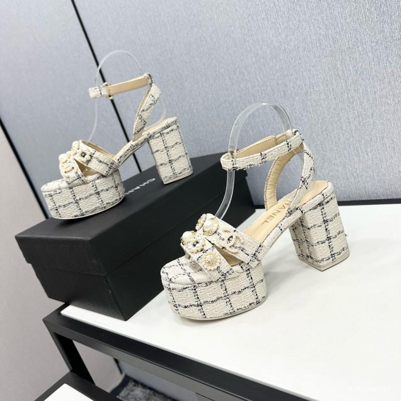 2025 Women Chanel Beige Black Tweed Leather Platform Sandals MJ00310
