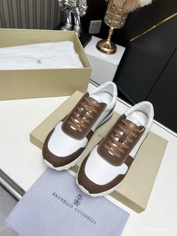 2024 Men Brunello Cucinelli White Brown Leather Suede Sneakers MJ00360