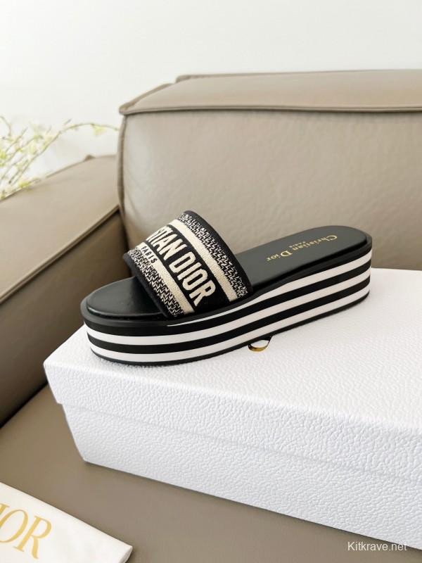 2025 Women Dior Black White Canvas Platform Sandals