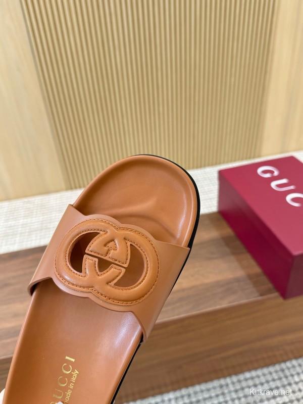 2025 Women Gucci Brown Leather Slides LY00230